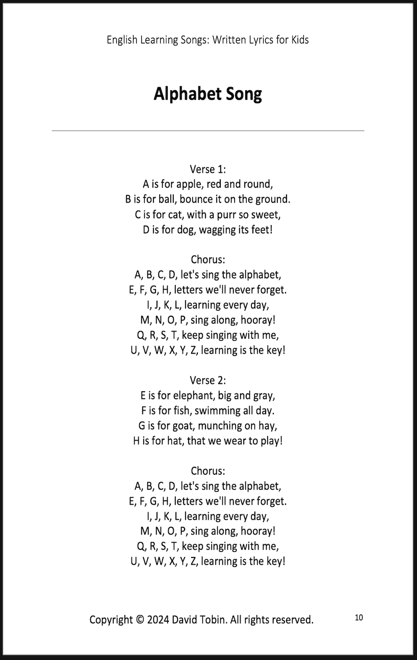 English Learning Songs: Written Lyrics for Kids [Livro em inglês] PDF Download Page and Sound Page and Sound