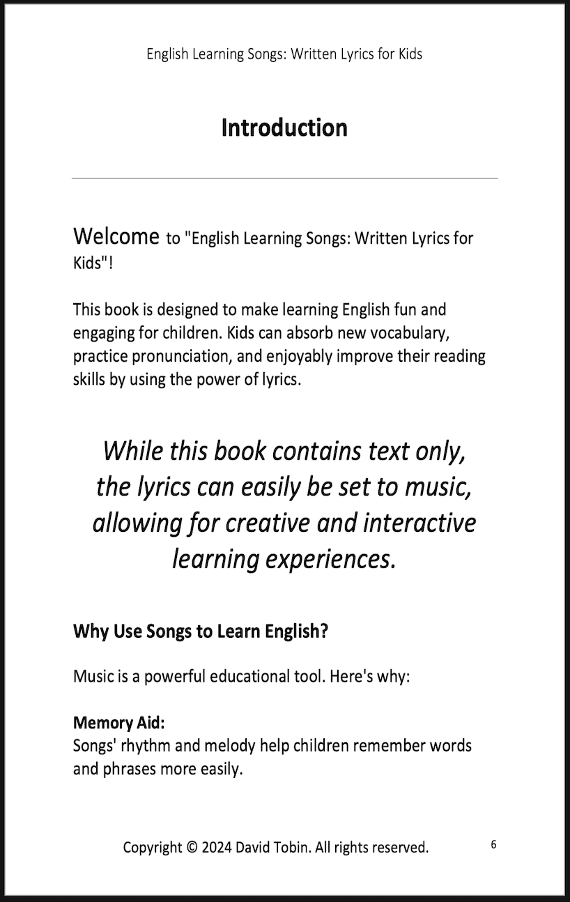 English Learning Songs: Written Lyrics for Kids [Livro em inglês] PDF Download Page and Sound Page and Sound