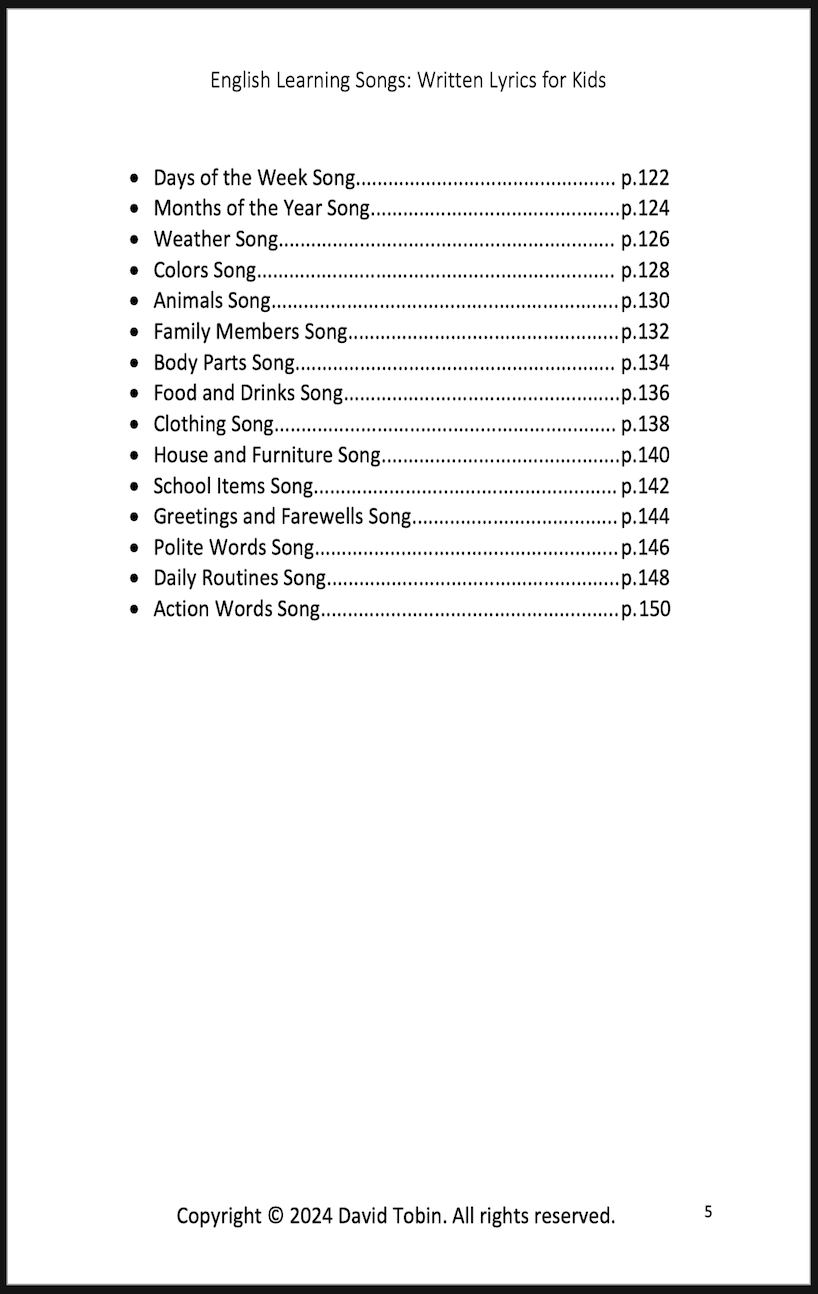 English Learning Songs: Written Lyrics for Kids [Livro em inglês] PDF Download Page and Sound Page and Sound